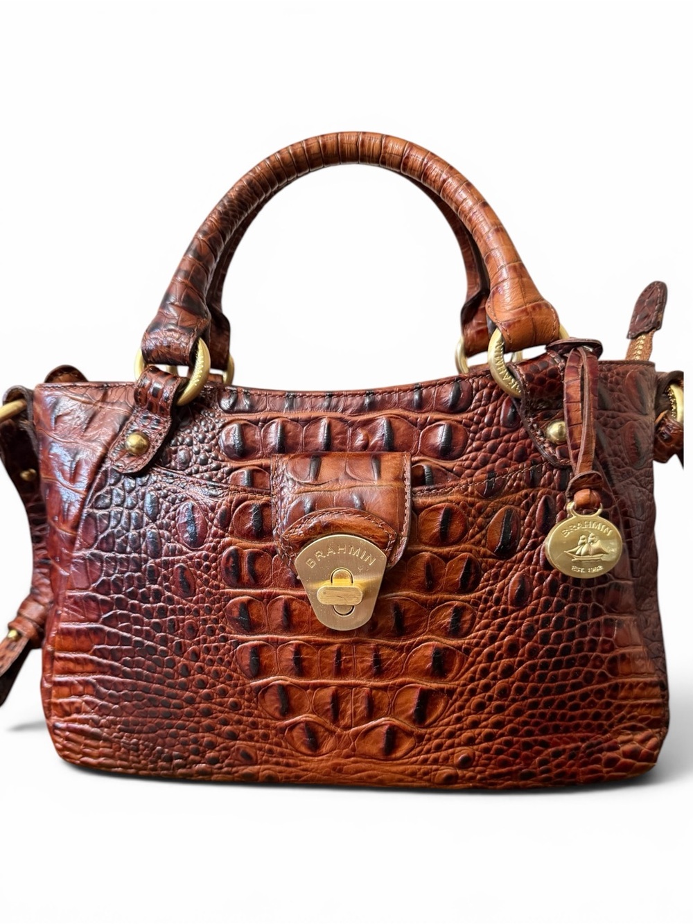 Vintage Brahmin Melbourne Croc Embossed Leather Crossbody Satchel – Pecan - Picture 2 of 8